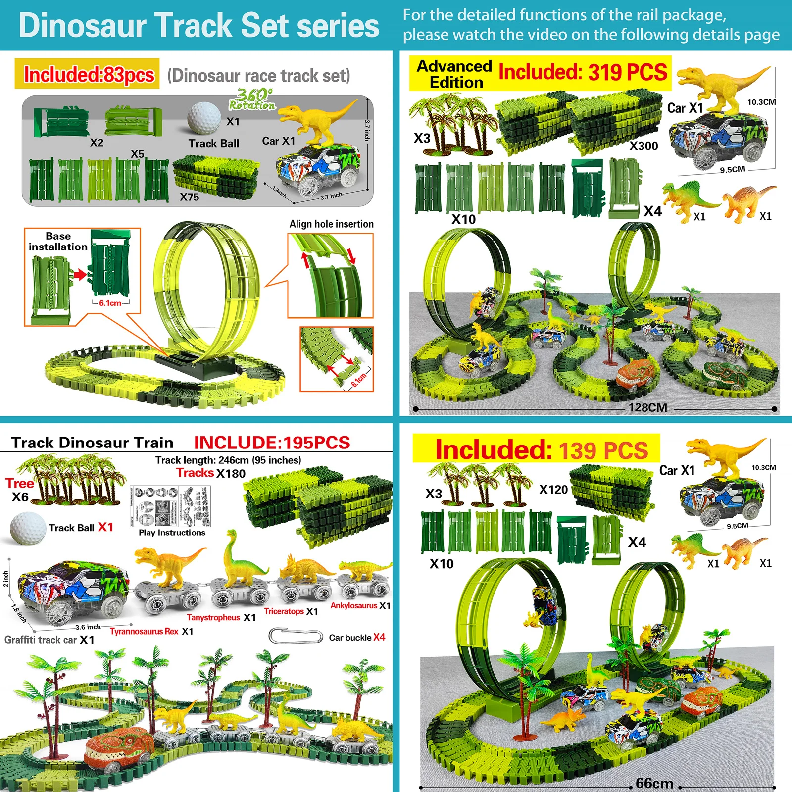 Climbing Dinosaur Track Toy Set 139 PCS Dinosaur World Road Race-Flexible Track Playset Dinosaur Car Toys for boy Best Gift