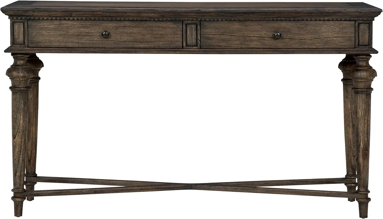 Furniture Sofa Table – Wellington Java Finish, Mindi Veneers & Select Mindi Solids, Rustic Antique Brass Hardware, EntrywayTable