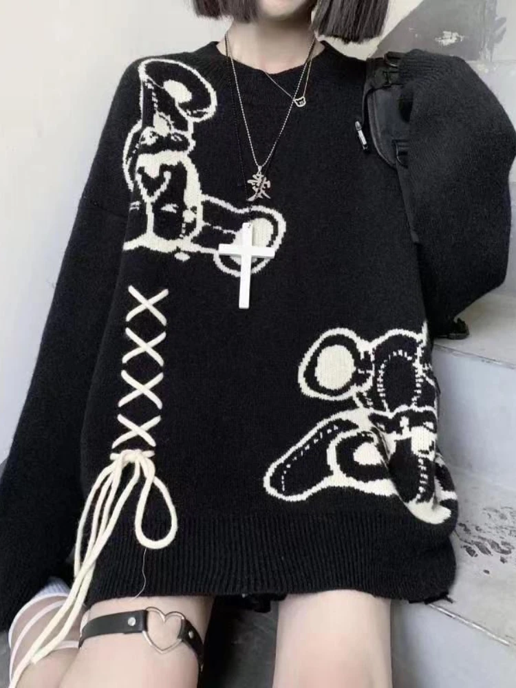 

HOUZHOU Harajuku Gothic Sweater Women Loose Cartoon Bear Streetwear Bandage Autumn Winter Knitted Pullovers Oversized Hip Hop