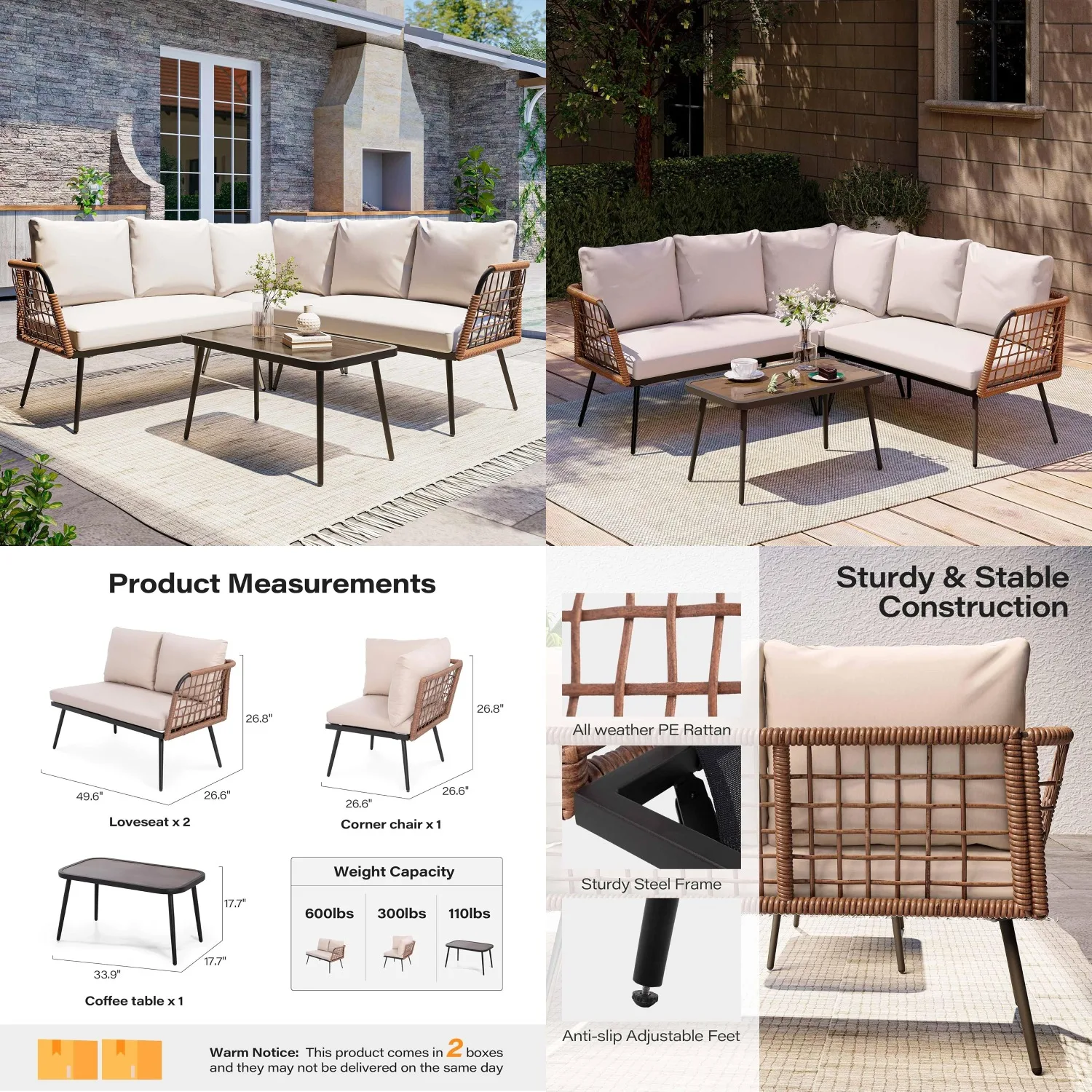 

6-Piece L-Shape Outdoor Sectional Sofa Set Rattan Coffee Table Cushions Poolside Yard Beige Customized