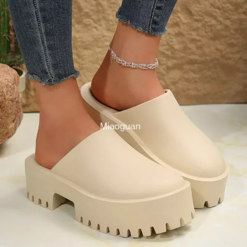 Summer Women\'s Platform Slippers Waterproof Casual Mule Sandals Chunky Comfort Wedges Black Beach Shoes Round Head 2024 New PU