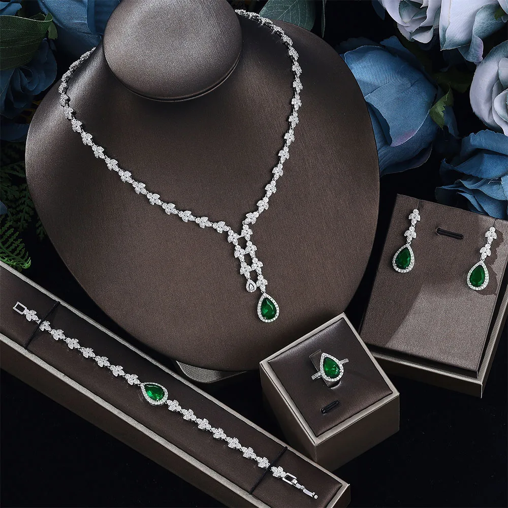 

HIBRIDE Simple Fashion Green Water Drop Necklace Earrings Bracelet Set Women's Jewelry Suitable for Wedding Holiday Gifts S-958