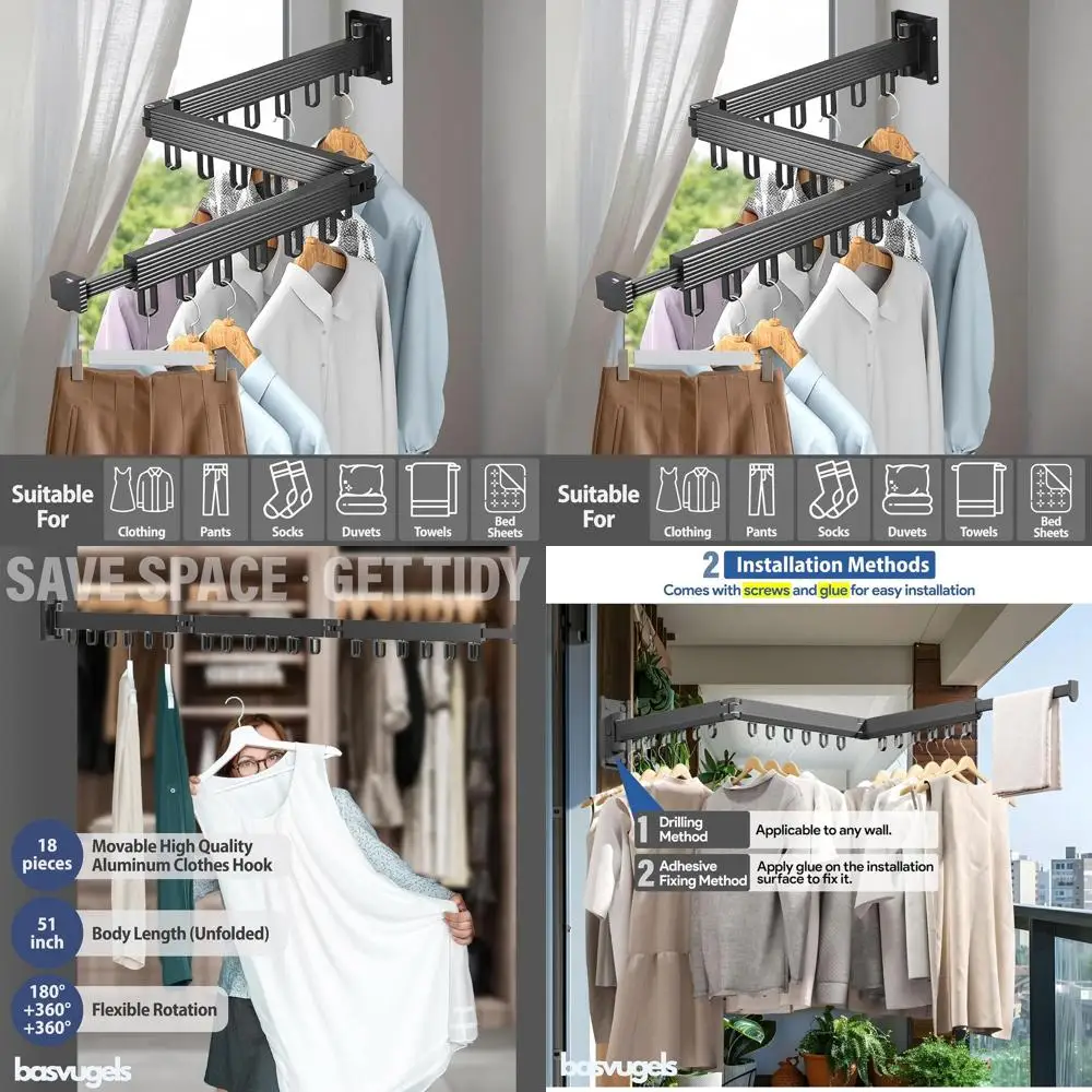 

Портативная складная настенная сушилка для одежды с дорожной вешалкой - компактная, простая установка, темно-серая