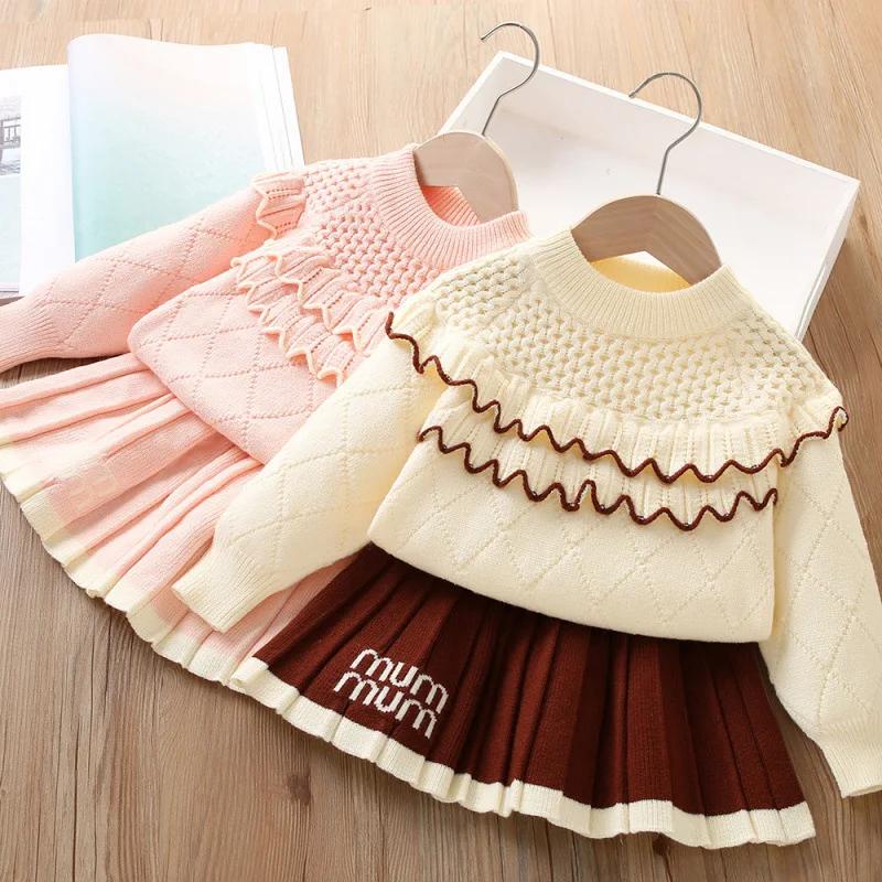 

Girls Knitted Clothes Sets Spring Autumn Children Woolen Jersey Sweaters Tops Skirts Party Dress Suit For Baby Outfits Kids 5 6Y