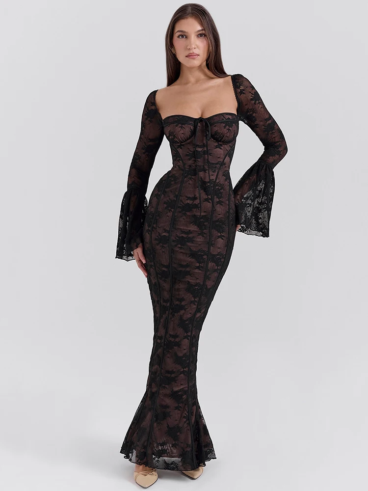 Lace Print Long Flare Sleeve Sexy Maxi Dress For Women Fashion Square Collar Backless Bodycon Club Party Sexy Dress