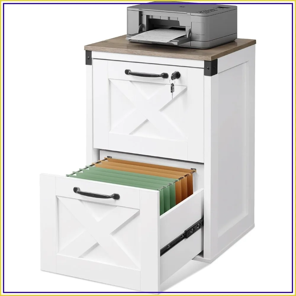 2-Drawer Wood File Cabinet with Lock, White Office Filing Cabinet for Home Office