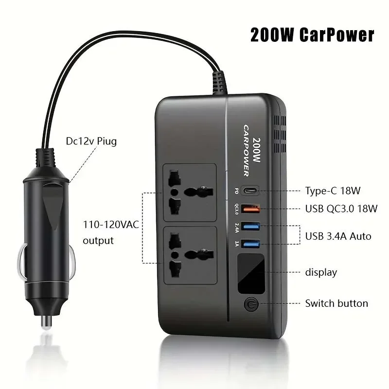 200W Intelligent Car Inverter for 110V US Standard 220V Universal Standard Multi-function ACplug Car Inverter Socket with Switch