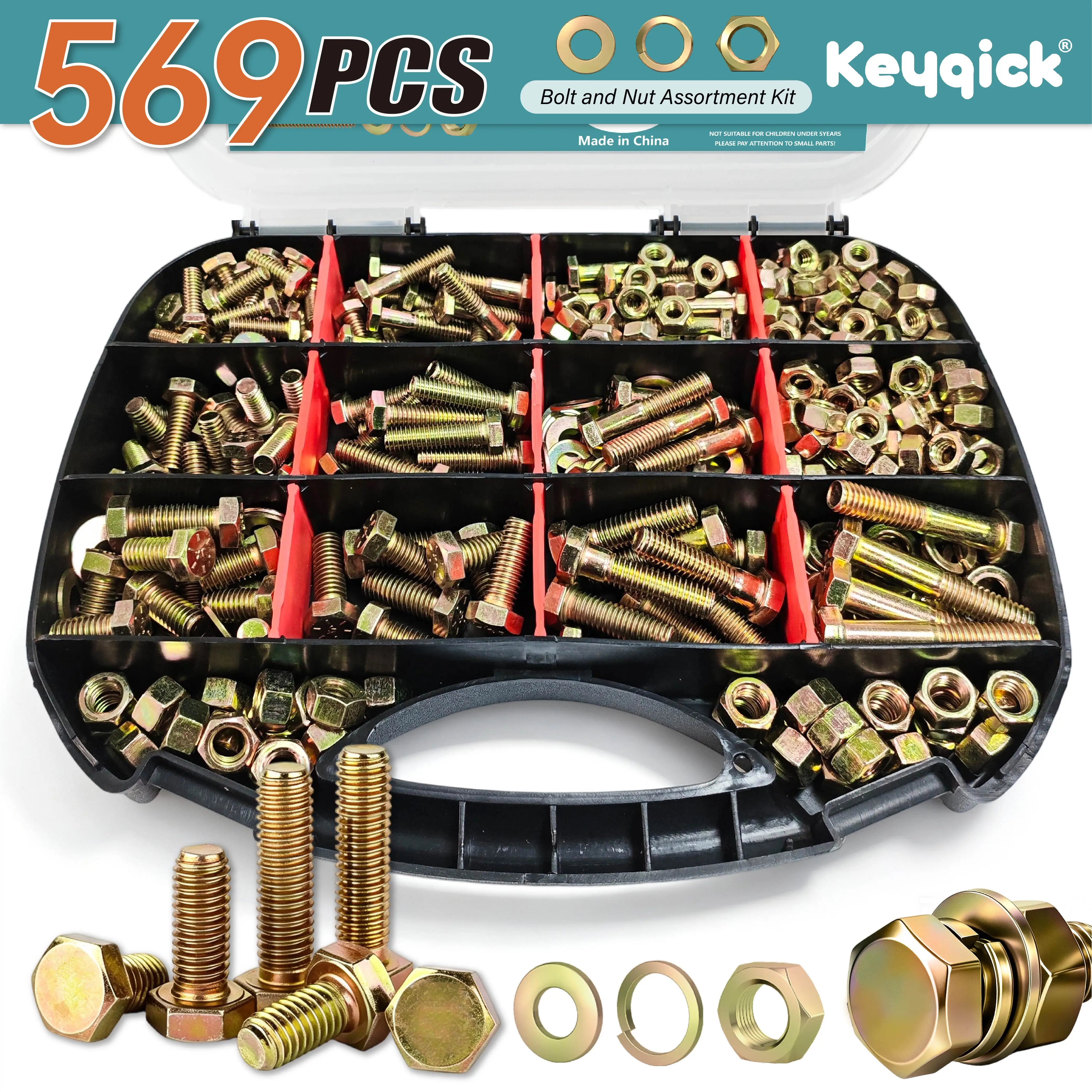 569‑Piece Hex Head Bolt & Nut Assortment Kit,  Hex Screws, Nuts, Flat & Lock Spring Washers, Portable Storage Case for Home DIY & General Hardware Repairs