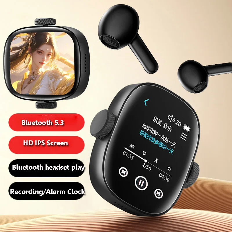 Mini Touch Screen Bluetooth MP3 Player 64GB Hifi Lossless Walkman Music Video Player Recorder Built-in Speaker with Alarm Clock