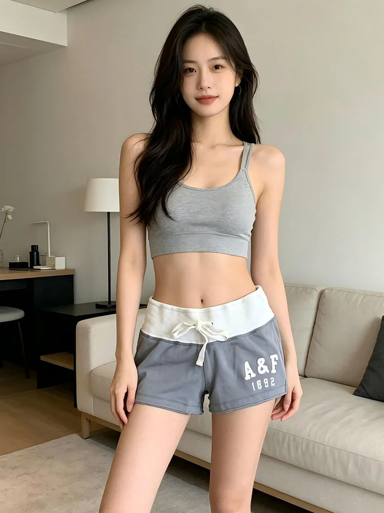 American Style Spicy Girl Style Gray White Spliced Letter Print Ultra Short Hot Pants for Daily Casual Wear with Drawstring