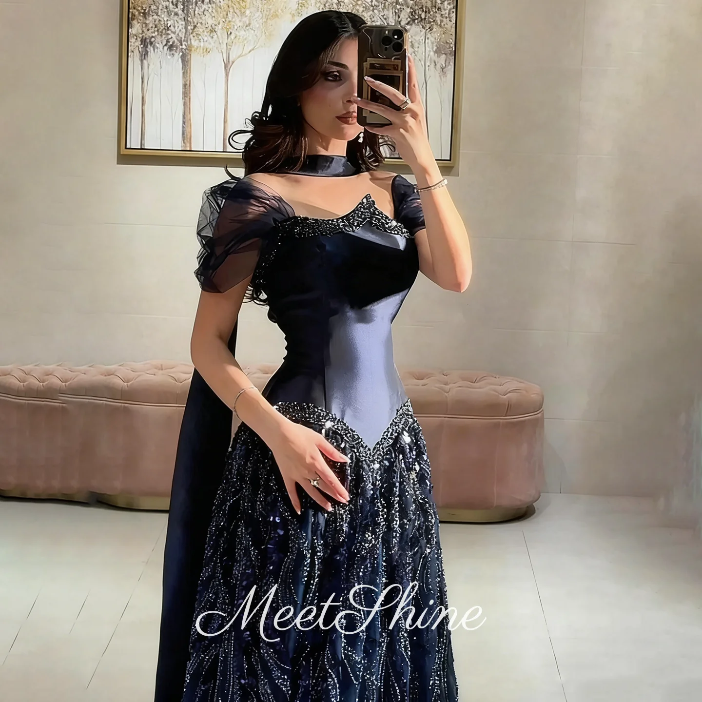 

Дубай С открытыми плечами и бисером Кристаллы А-силуэта Тюлевые вечерние платья Роскошные темно-синие блестки с шарфом Пром платья по индивидуальному заказу