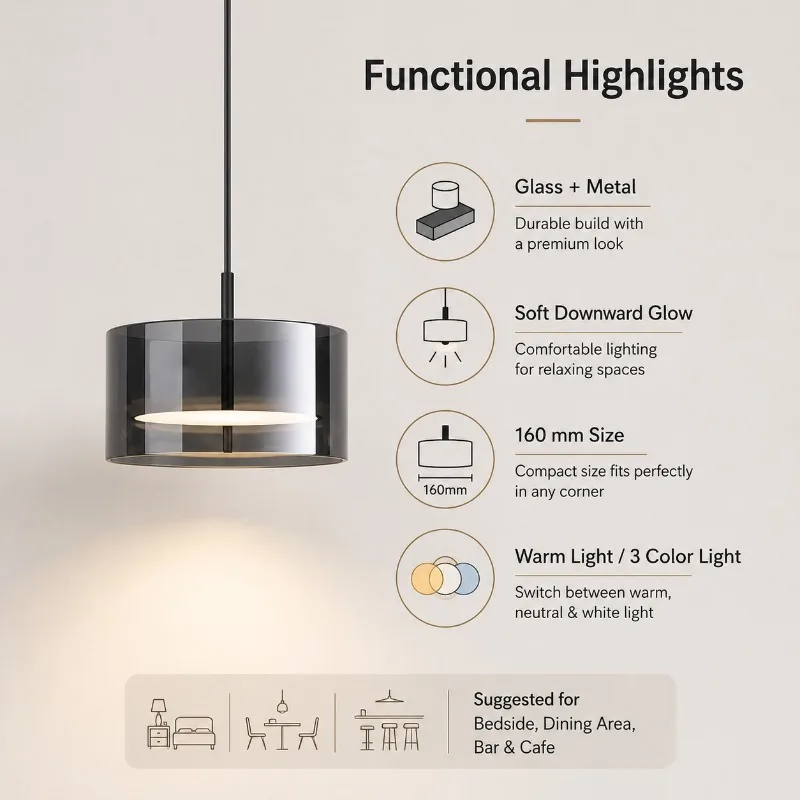 160mm Modern Nordic Glass Pendant Light Italian Bedside Hanging Lamp for Bedroom Dining Room Bar Background Wall Pendant Light