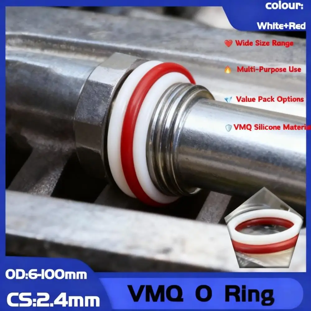 

Premium Red/White Silicone O-Rings 2.4mm Thick 6-100mm Size Range Versatile Sealing Gaskets for Plumbing Automotive DIY 10/50P