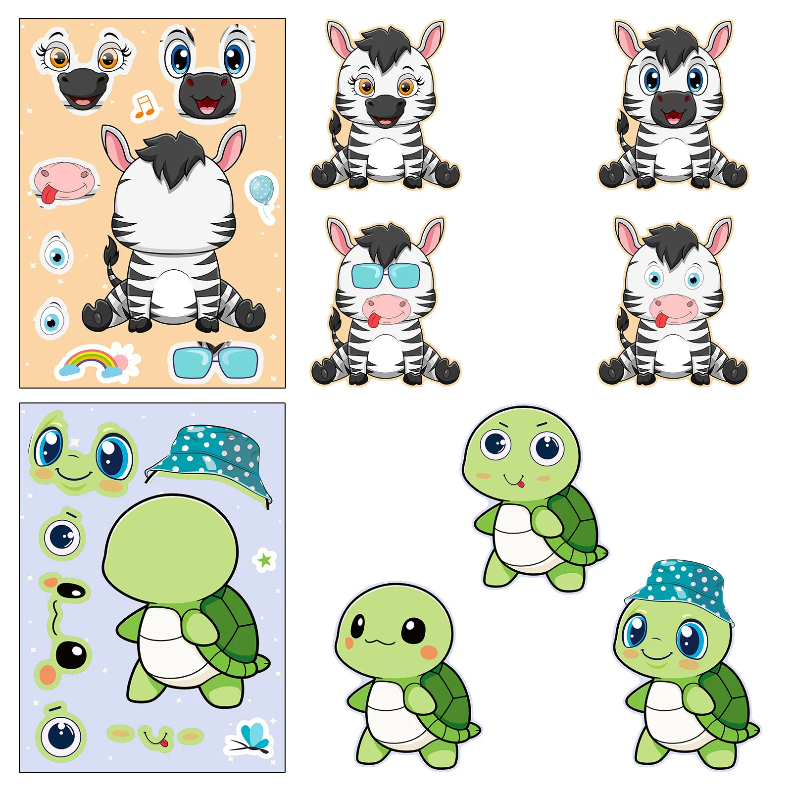 6pcs animal face changing stickers cartoon cute little animal giraffe turtle tiger DIY facechanging stickers Children\'s toys