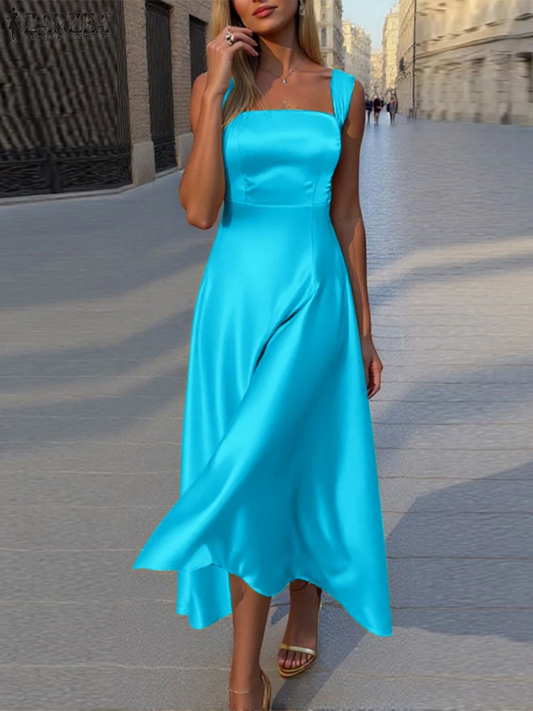 Women Solid Satin Dresses ZANZEA Fashion Sleeveless Tank Sundress Casual Loose Party Square Collar Robe 2025 Summer Maxi Dress