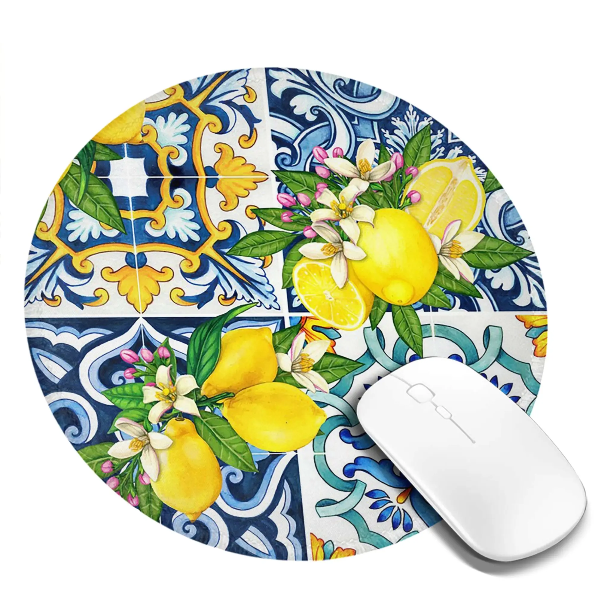Bright Mediterranean Sicilian Tiles with Citrus Lemons Mouse Pad Computer Keyboard Mouse Mat Gamer PC Laptop Desk Mat Table Mats