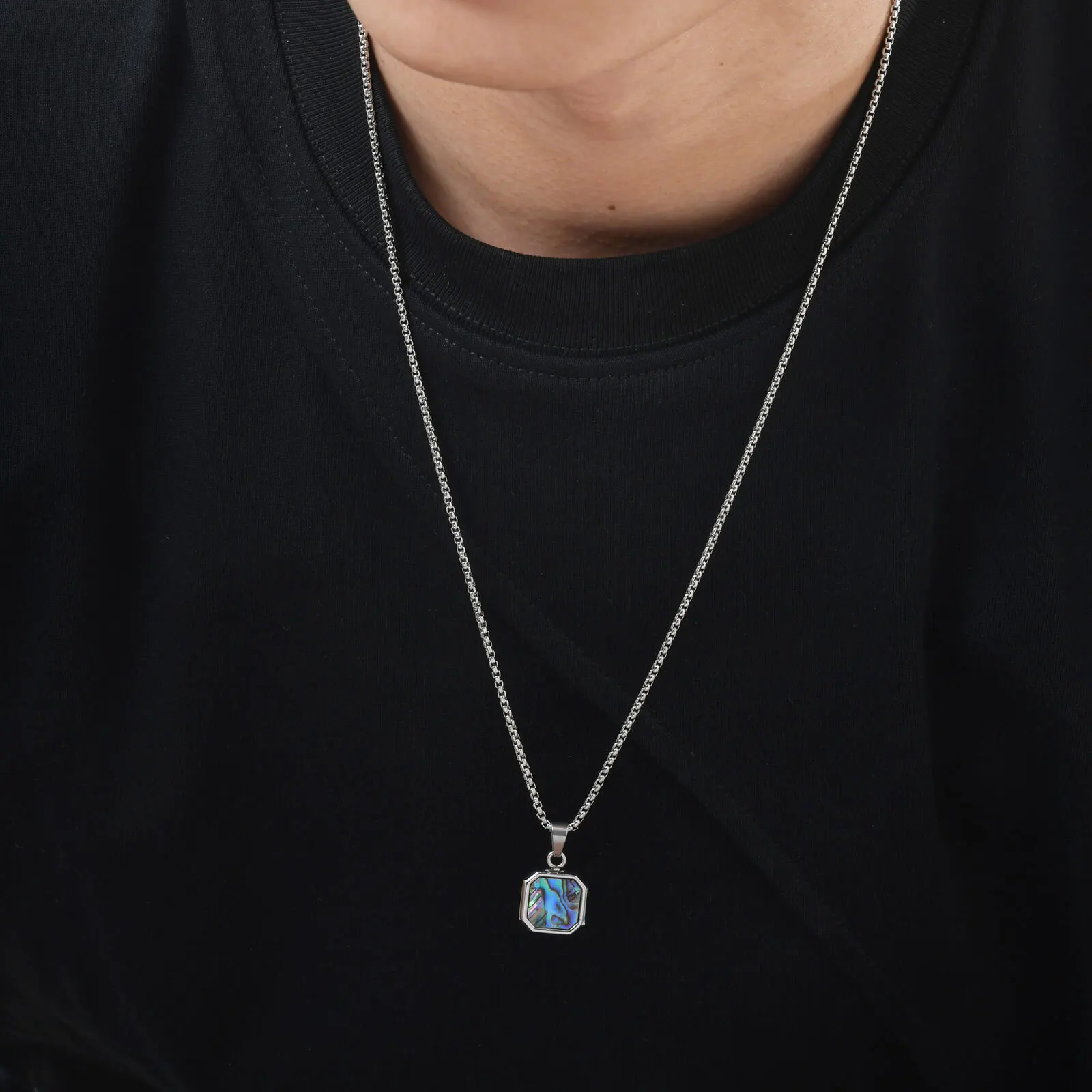 Vnox Stainless Steel Hypoallergenic Square Malachite Abalone Shell Pendant Necklace 15x19.5x4mm Box Chain Jewelry Gifts for Men