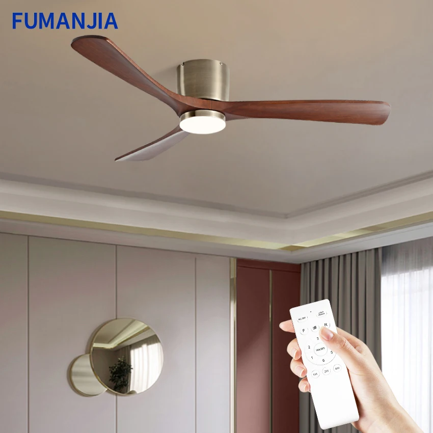 Solid Wood 3-Blade Ceiling Fan with LED Light Variable Frequency DC Motor, 6-Speed Remote Control, Silent Operation for Home