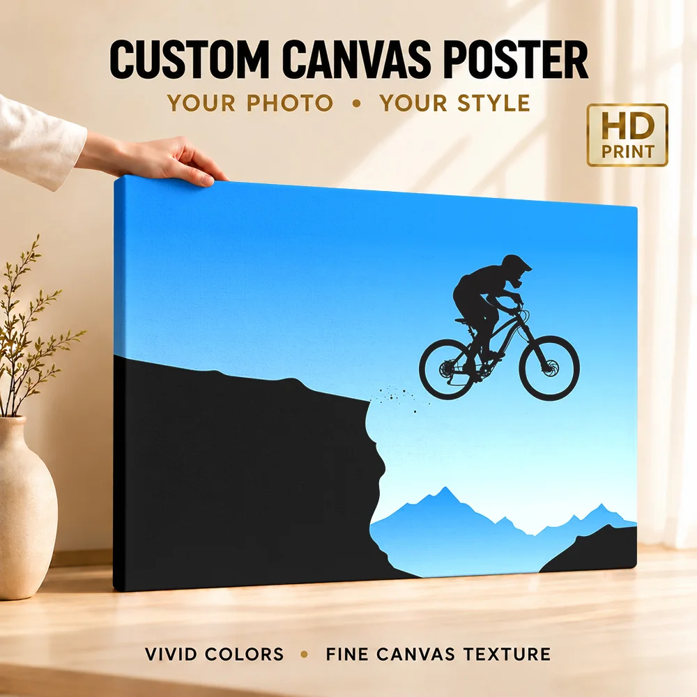 Mountain Bike Jump Canvas Print With Wooden Frame Personalized Photo Layered Blue Silhouette Wall Art For Man Cave Athlete Gift