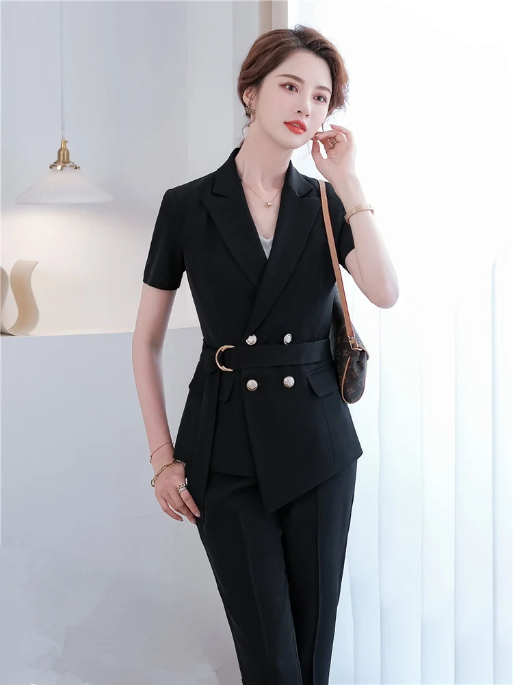 Red Pants Suit for Women Sexy V-Neck Belt Short Sleeve Blazer Coat+Pants Trousers Female Office Suit 2 Pcs Sets 2024  Summer