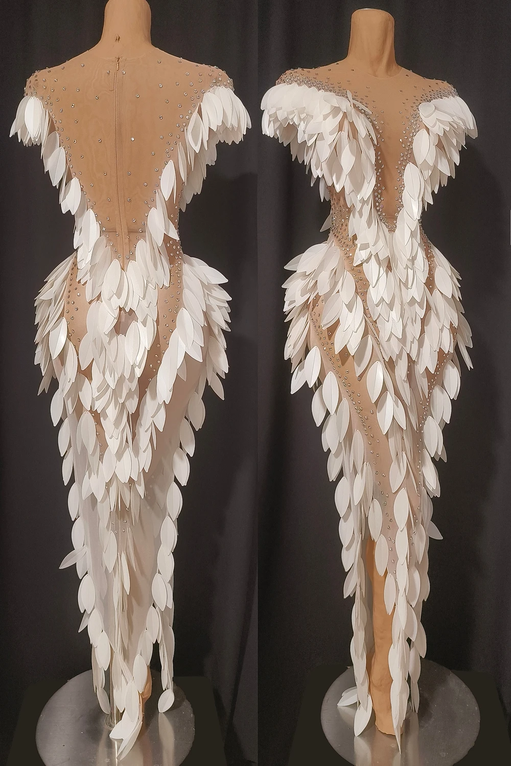 Sparkly Stones White Plastic Feather Shape Long Dress for Women Sexy Transparent Birthday Celebrate Evening Photo Shoot Wear view 3