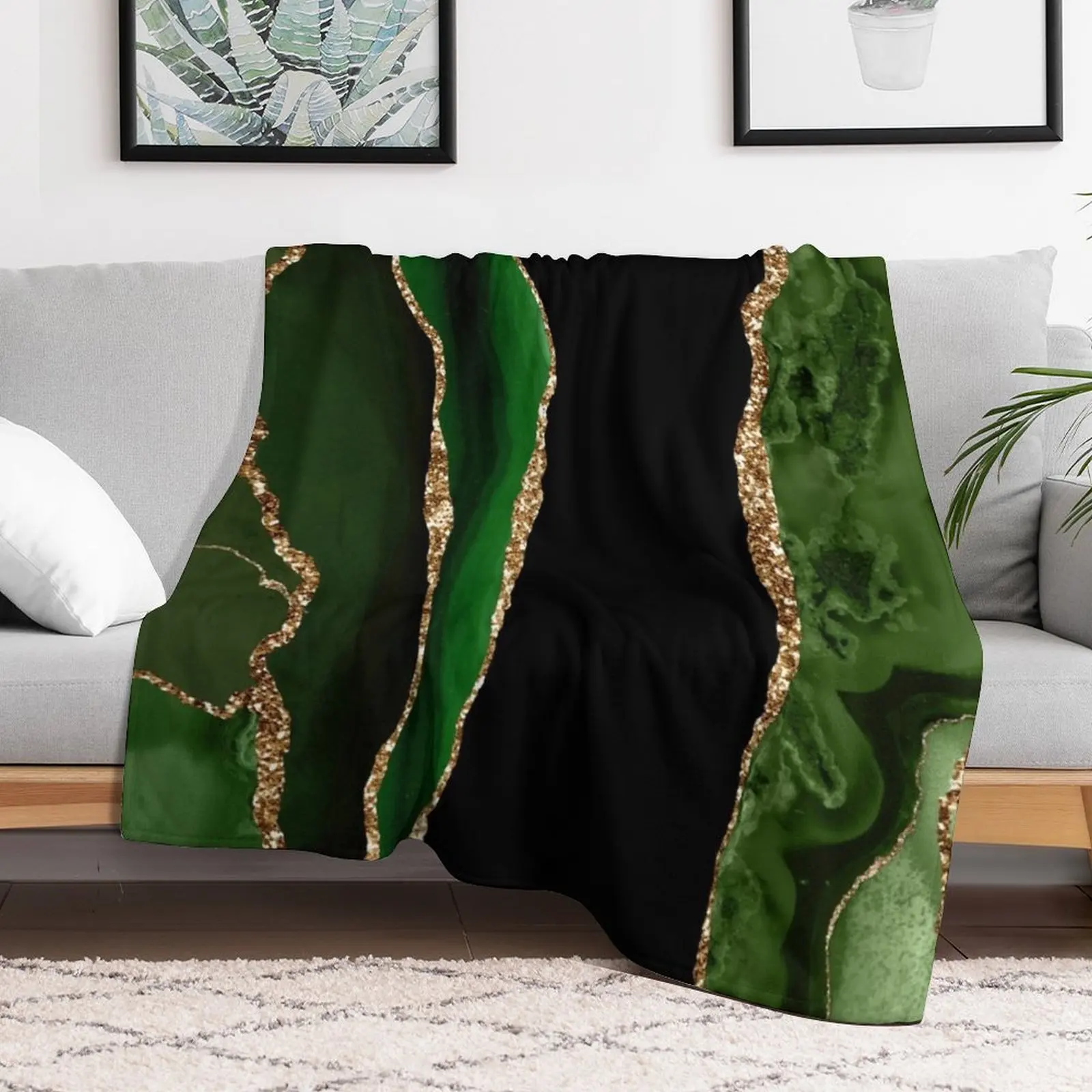 Abstract Emerald Green & Gold Modern Geode Agate Design Throw Blanket For Decorative Sofa Weighted Blankets