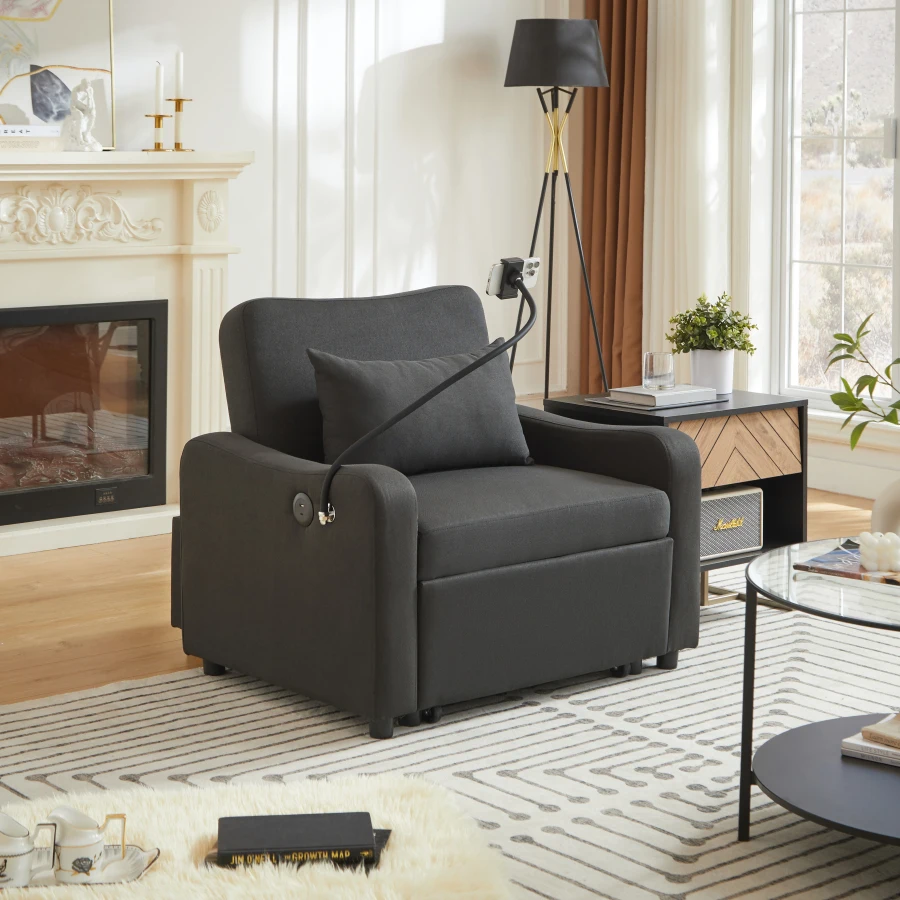 Sleeper Sofa Chair Bed, 3 In 1 Convertible Sofa Chair With Adjustable Backrest and Phone Holder and USB, Type-C, Adjustable Rec