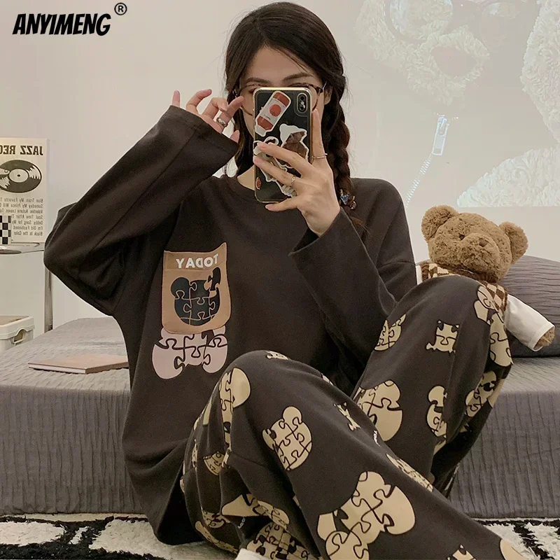 Korean Women Pajamas Set Cartoon Cotton Pajama Korean Long Sleeves Pijamas for O-neck Ladies Nightwear Cute Leisure Sleepwear