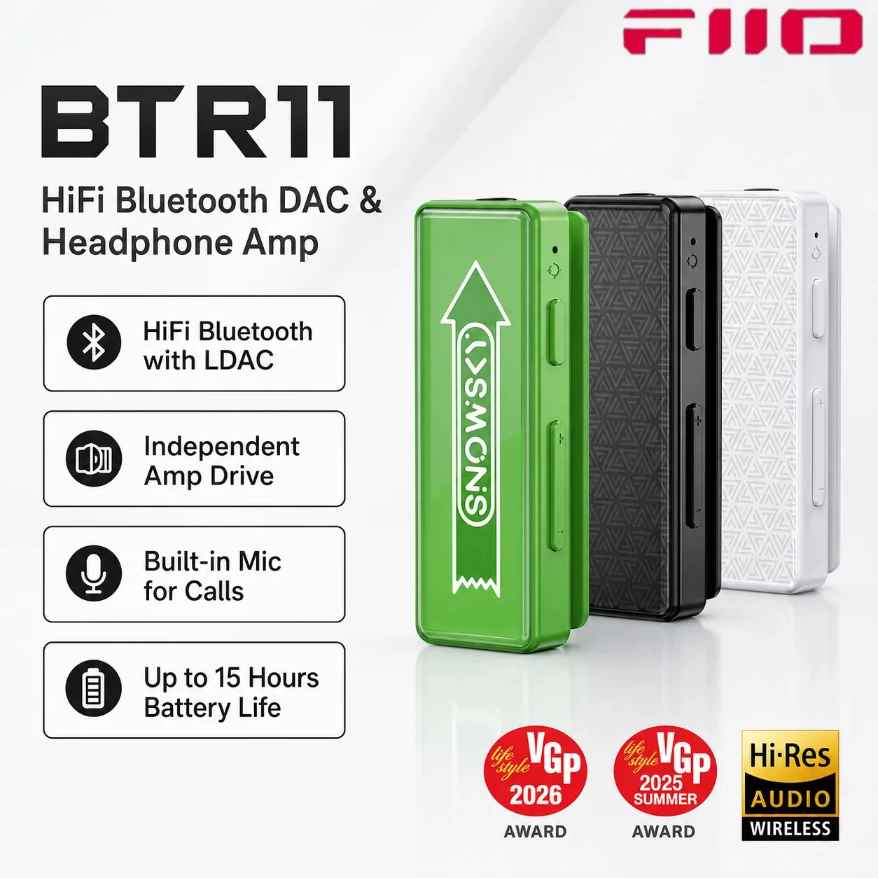 FiiO BTR11 Bluetooth Receiver LDAC 5.3 3.5mm Headphone Amp 45mW 15H Battery Noise-Canceling Mic Dual Pairing Wired to Wireless