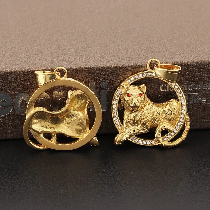 Personalized Encrusted Zirconia Animal Pendant Hip Hop Zodiac Tiger Stainless Steel Pendant Necklace For Men Gold Color Jewelry