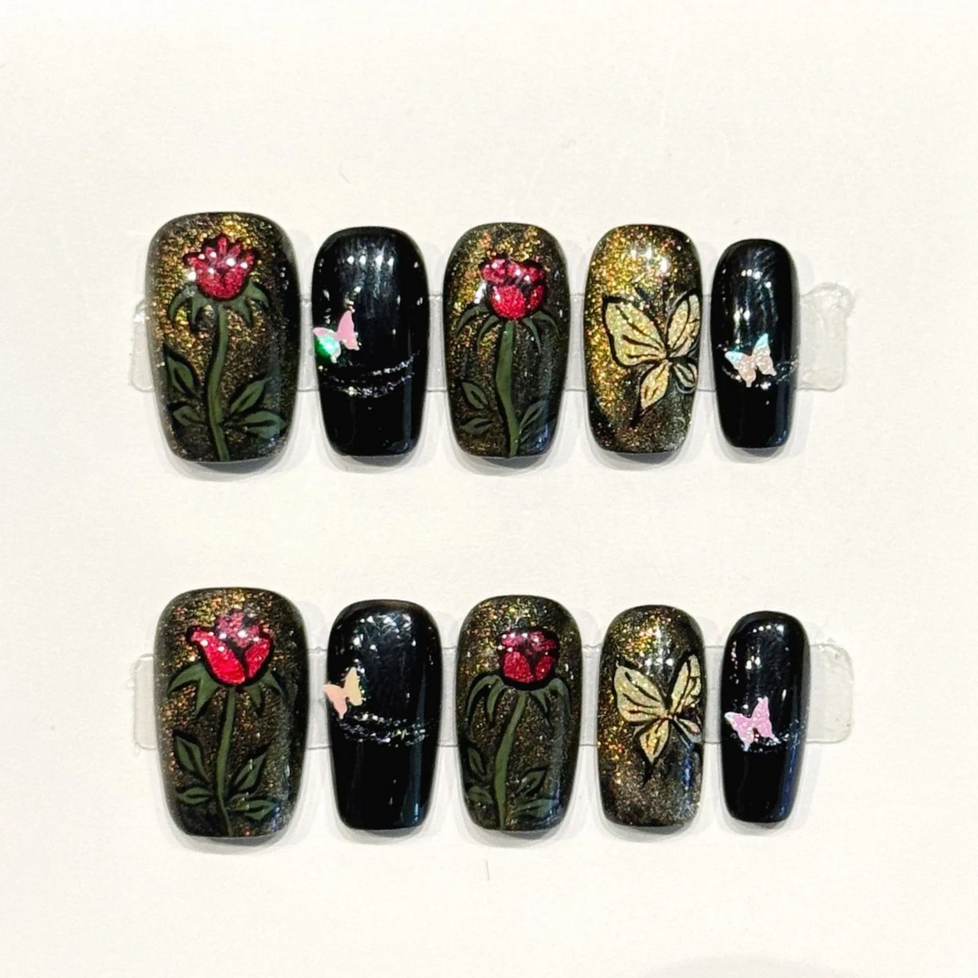 

10pcs Black Full Cover Nail Tips Mid-length Square Handmade Fake Nails with Butterfly Flower Design Press on False Nails Sets