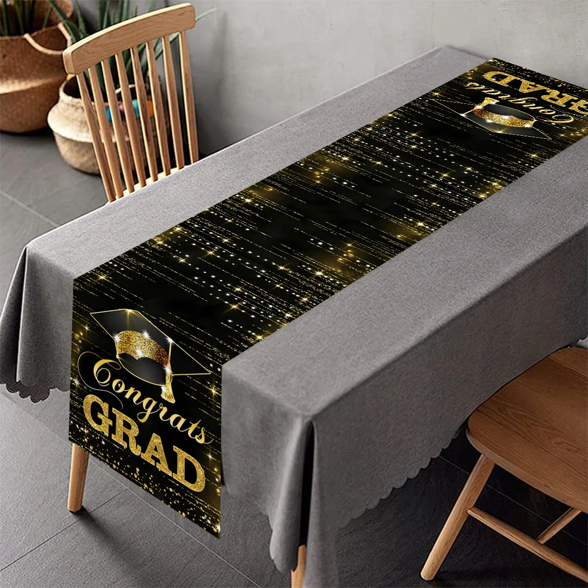 Congrats GRAD Black Table Runner Graduation Cap Diploma Table Runner Class of 2026 Stars Fireworks Graduation Party Supplies