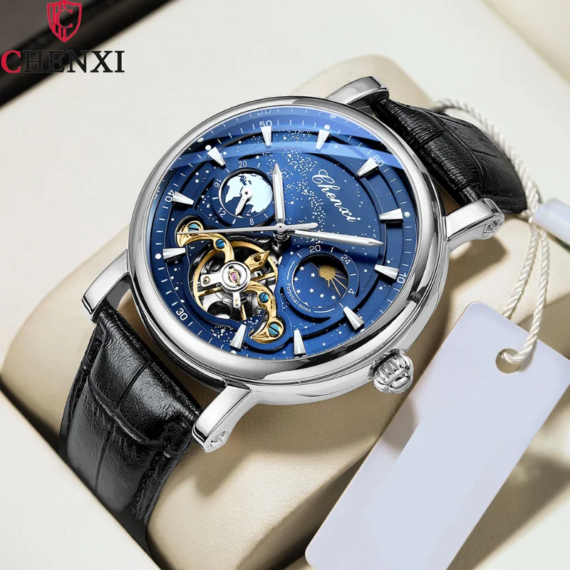 2023 CHENXI Watch Men Fashion Design Blue Starry Sky Dial Tourbillon Watches Moon Phase Automatic Mechanical Wristwatches Men