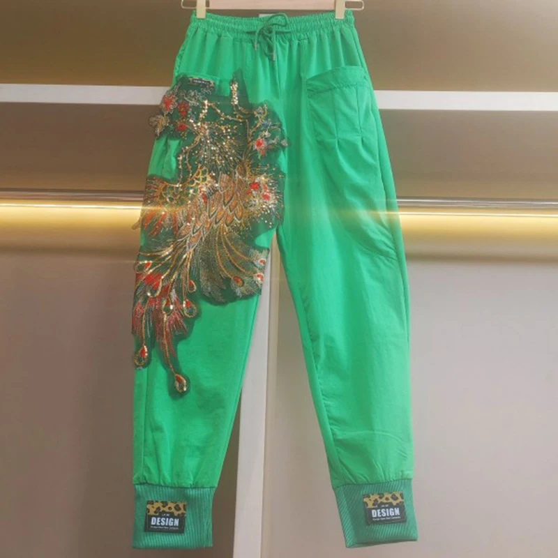 

2023 New Spring Trendy Phoenix Embroidery Green Sweatpants Drawstring Elastic Waist Sequined Streetwear Long Trousers