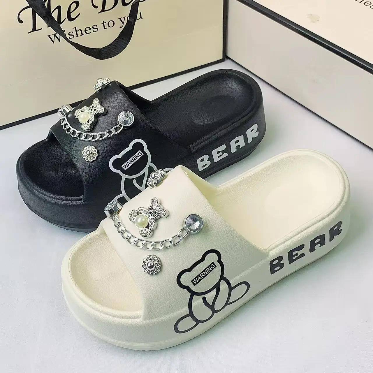 2025 Thick-Soled Eva Slippers for Women, Cute Silver Bear Set, Soft and Comfortable, Height-Increasing, Suitable for Shopping, Beach, and Seaside Wear