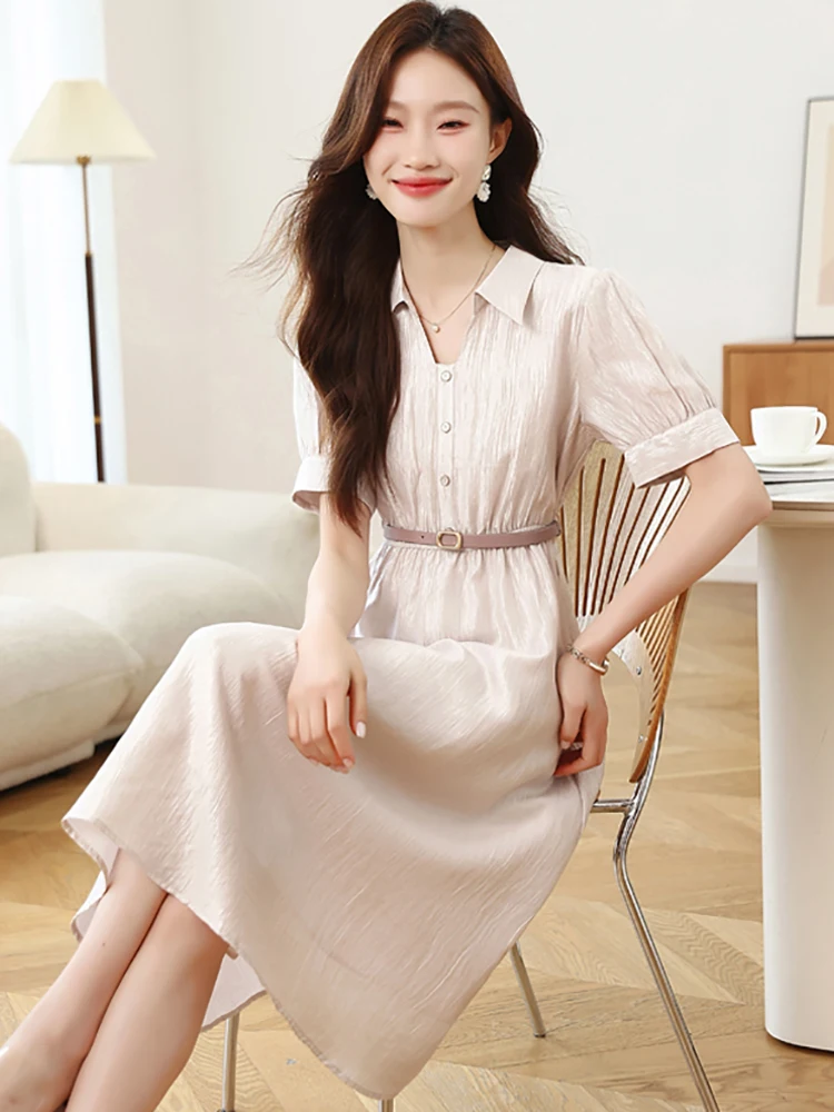 المرأة الصلبة قصيرة الأكمام بولو طوق قميص فستان الصيف أنيقة ضمادة Bodycon مكتب سيدة فستان 2025 الكورية أنيقة فستان حفلة موسيقية