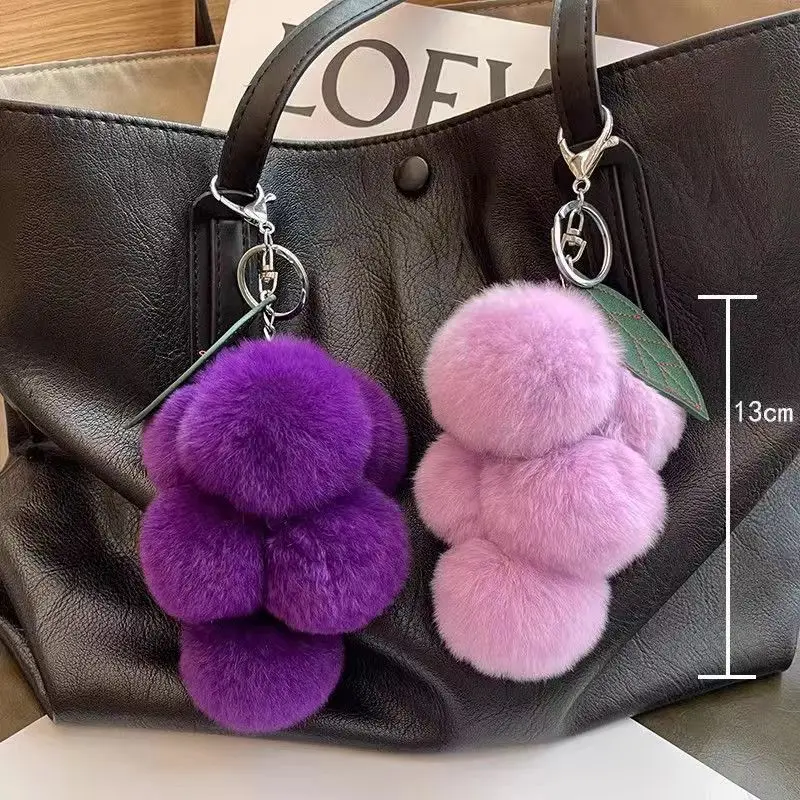 Despitego Lovely Grape Pom Poms Keychains Fluffy Pompoms Keychain Rex Rabbit Fur Pompoms Keyring Car Key Chain Bag Accessory