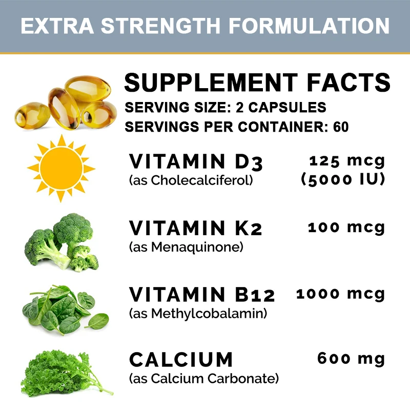 تعزيز كبسولات امتصاص الكالسيوم ، صحة المفاصل العظمية والقلب ، منع هشاشة العظام ودعم المناعة ، فيتامين D3 ، K2 ، B12 ، فيتامين D3