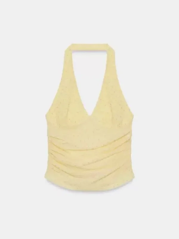 Summer 2026 Women's Slim Fit Halter Neck Vest Top Transparent Gauze Pleated Sexy Style Casual Inner Wear Short Length Polyest...