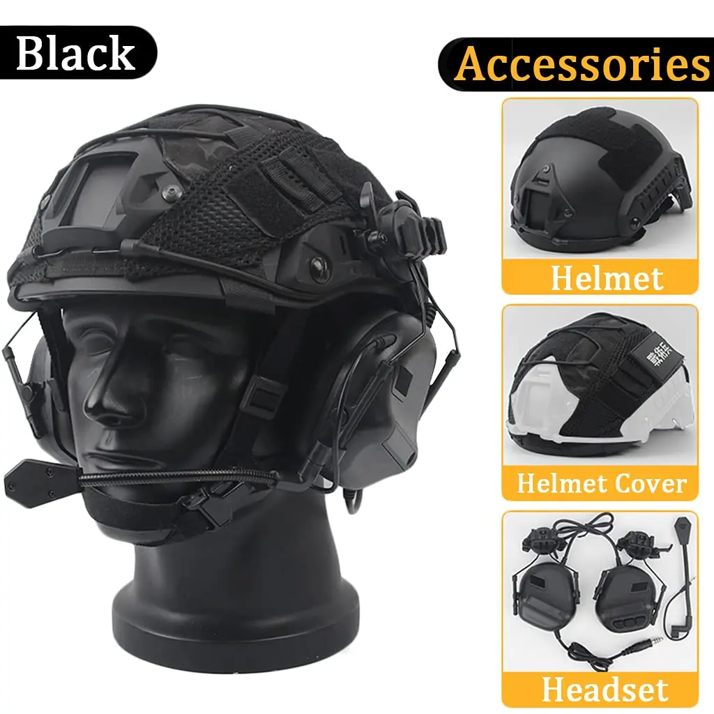 Tactical Headset Sets, Outdoor Protect Gear with Fast Helmet & Helmet Cover, Head Earpiece Headset with Sound Pickup & Noise