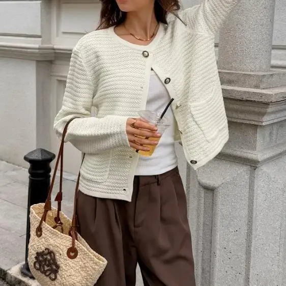 

Autumn New Solid Color Pit Stripe Texture Button Front Short Knitted Coat for Women, Casual and Slimming Short Knitted Coat