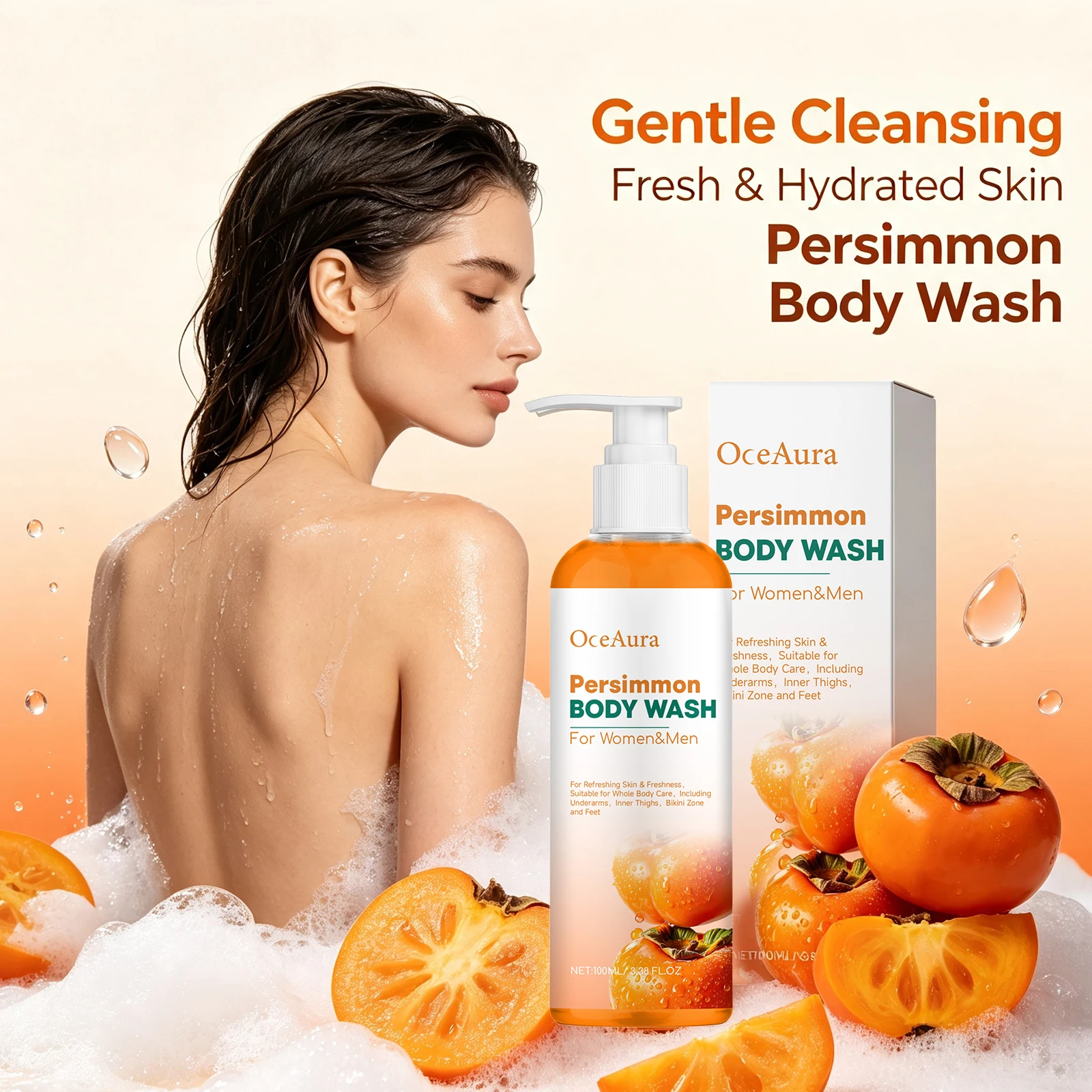 Persimmon Body Wash Sweat Odor Eliminating Natural Deodorizing Shower Gel for Men & Women Remove Sweat Stains Full-Body Wash