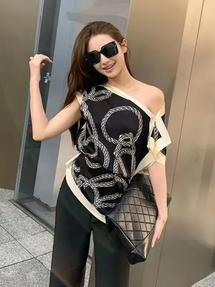 기질 레이디 탑 여름 블라우스 여성 의류 오프 숄더 불규칙 셔츠 루즈 프린트 스큐 칼라 섹시한 Camisas De Mujer