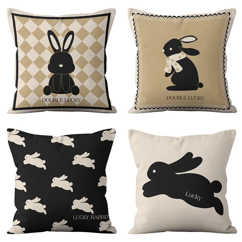 Housse de coussin imprimée lapin à carreaux minimaliste moderne, avec tissu court en peluche, canapé de maison, coussin de voiture