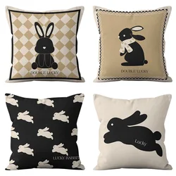 Modern Minimalist Plaid Rabbit Print Pillow Cover with Short Plush Fabric, Home Sofa, Car Cushion