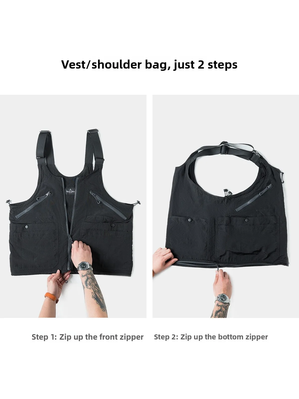 Maden Functional Sleeveless Vest Outdoor Unisex Single Shoulder Strap Vest Commute Style Nylon Fabric Zipper Closure Pure Color