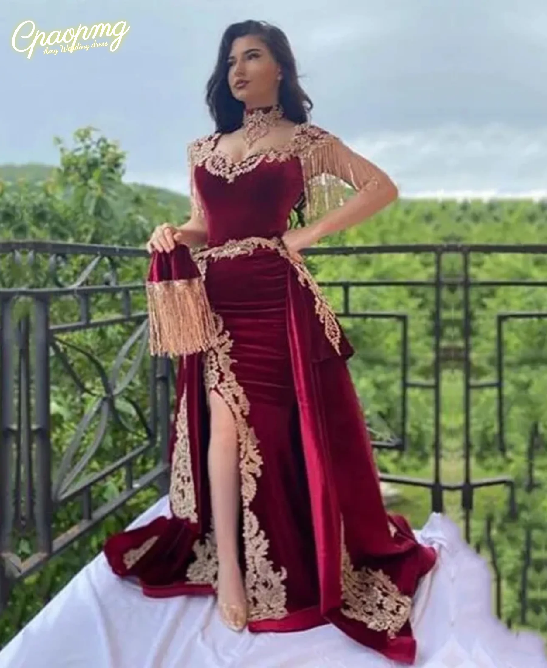 

Бархатное вечернее платье русалки по индивидуальному заказу со съемным шлейфом и аппликацией на шее, мусульманские платья для выпускного вечера, сексуальные вечерние платья с разрезом и кисточками