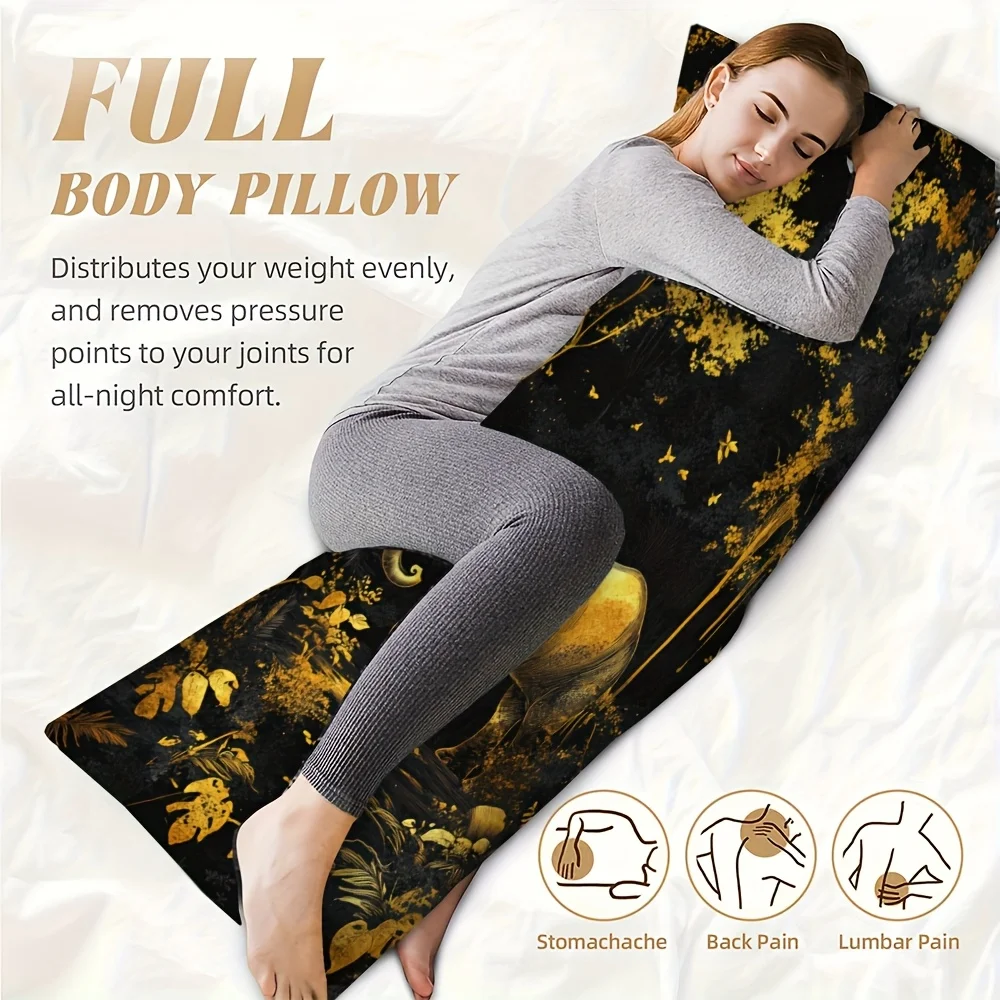 1pc Long Body Pillowcase, Golden Elephant in Serene Forest, Sketch Style, Double-Sided Print Without Embroidery, 50.8x137.16 cm,
