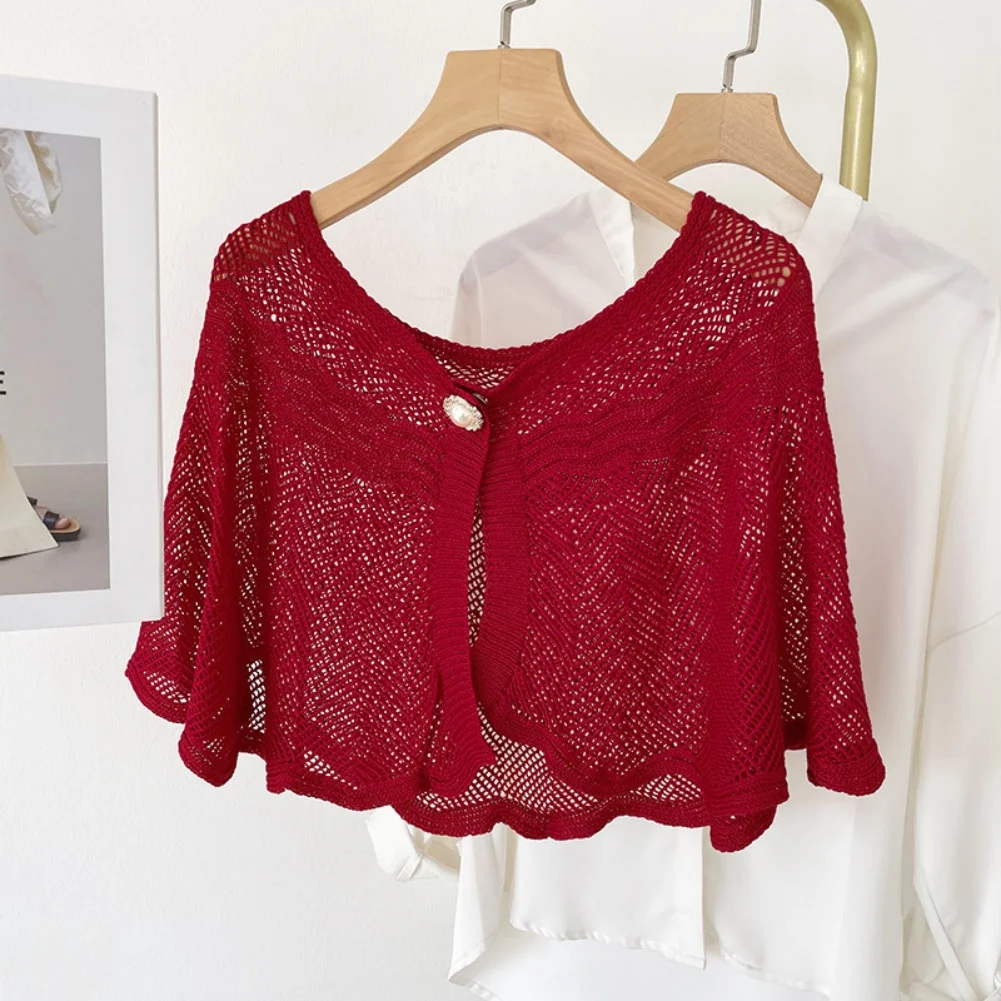 

Summer Knit Lace Shawl Women Elegant Pearl Trimmed Pure Color Shoulder Cover