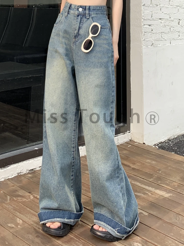 French Vintage Wide Leg Jeans Women Solid Streetwear Hight Waist Denim Pants Female Korean Style Baggy Causal Jeans Autumn 2023